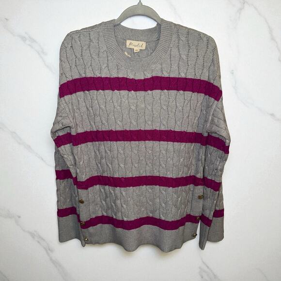 Marled Ribbed Sweater with Gold Button accents in Gray & Fuchsia size Medium NEW - Picture 2 of 7